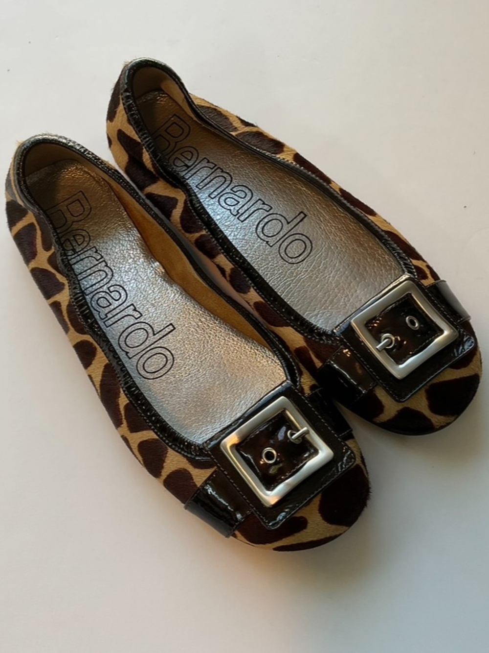 BERNARDO Ballet Buckle Calf Hair Animal Print Flats Size 9